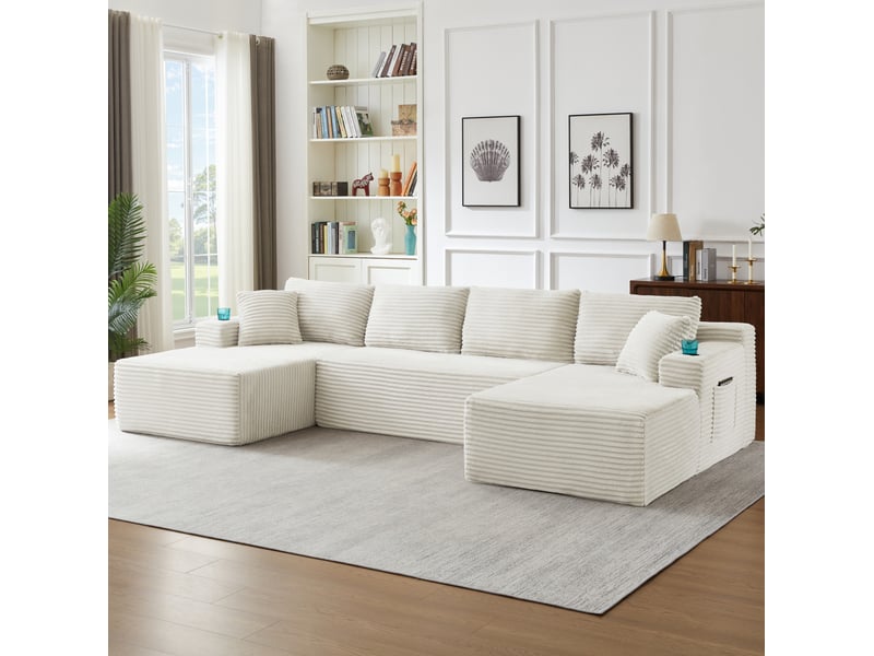  Canapé modulaire en u 339x168x82cm, design minimaliste, sans assemblage, pour salon, revêtement velours côtelé, beige  - Conforama D