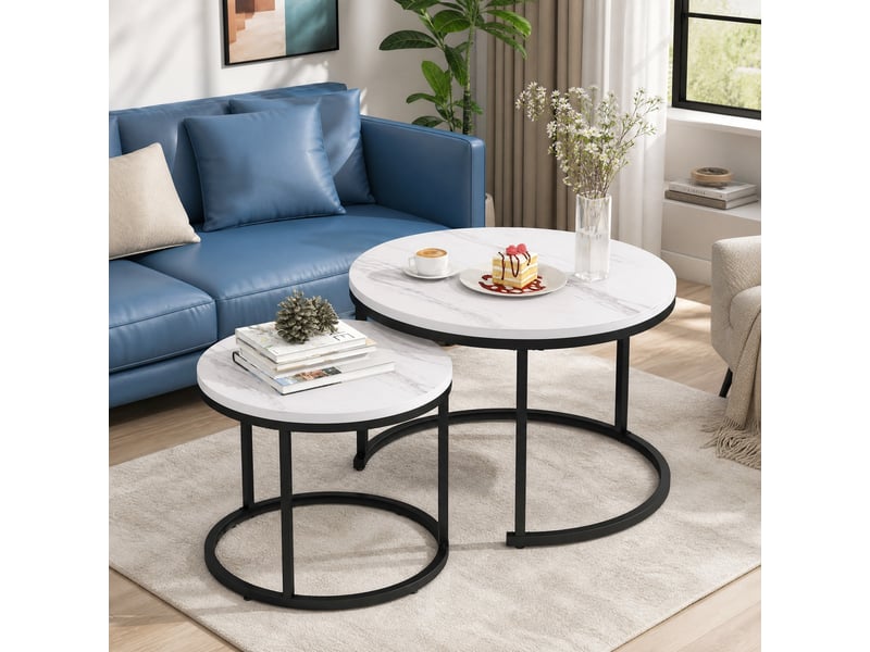 Tables basses gigognes rondes en mdf et métal pour salon ø 50×70,5 et ø 45,5×44 cm marbre  - Conforama B