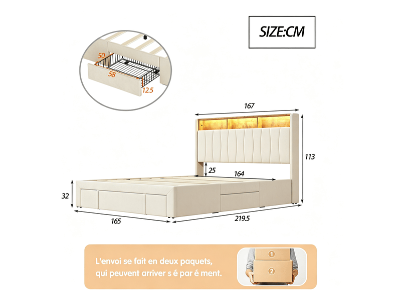  Structure de lit,antibou,140x190 cm,led,avec 4 tiroirs,tissu en lin,cadre de lit 140x190 cm,beige  - Conforama R