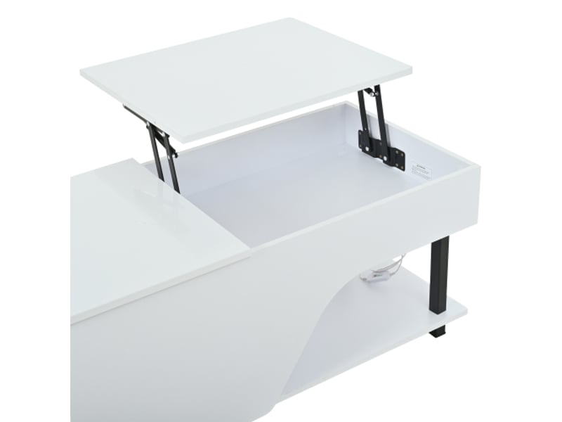  Table basse blanche réglable en hauteur, rangement caché, plateau latéral, design perforé led brillant – 50×100×46 cm  - Conforama E