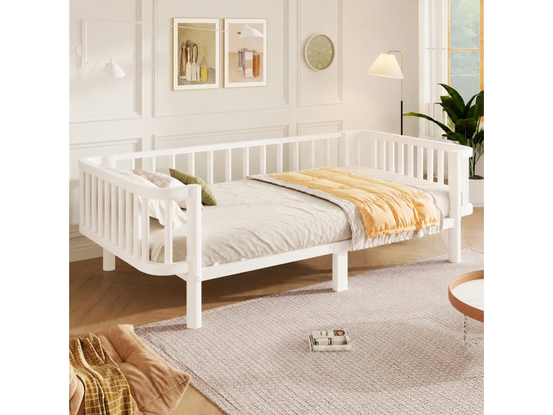  Lit banquette métal 90 x 200 cm, cadre acier et lattes renforcées, blanc  - Conforama B