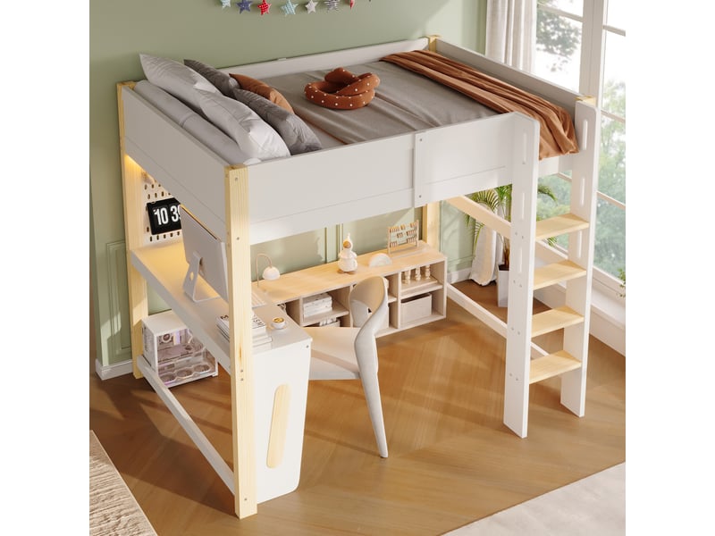  Lit mezzanine, 140 x 200 cm, en pin, avec table, panneau perforé et éclairage led, sans matelas, coloris naturel et blanc.  - Conforama B