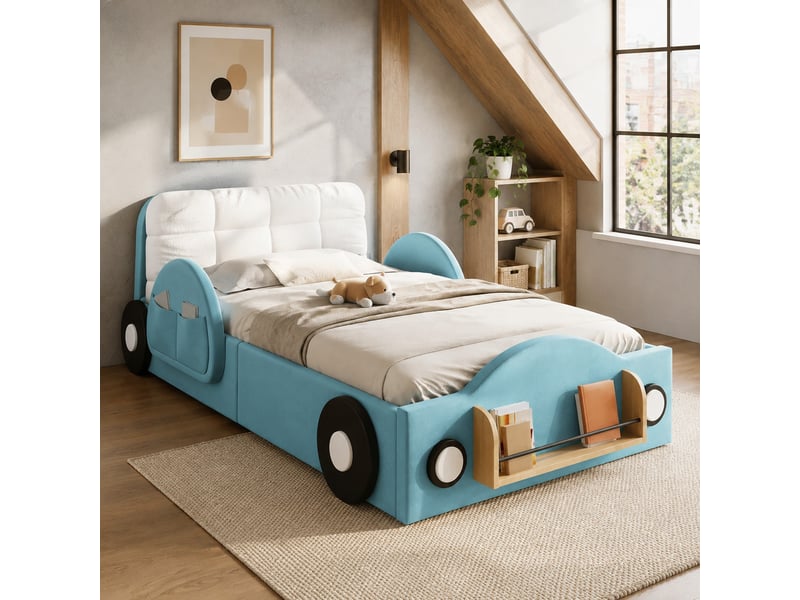  Lit coffre enfant simple 90×200 cm, rangement hydraulique, poches et étagère - okmyhome- bleu, sans matelas  - Conforama C
