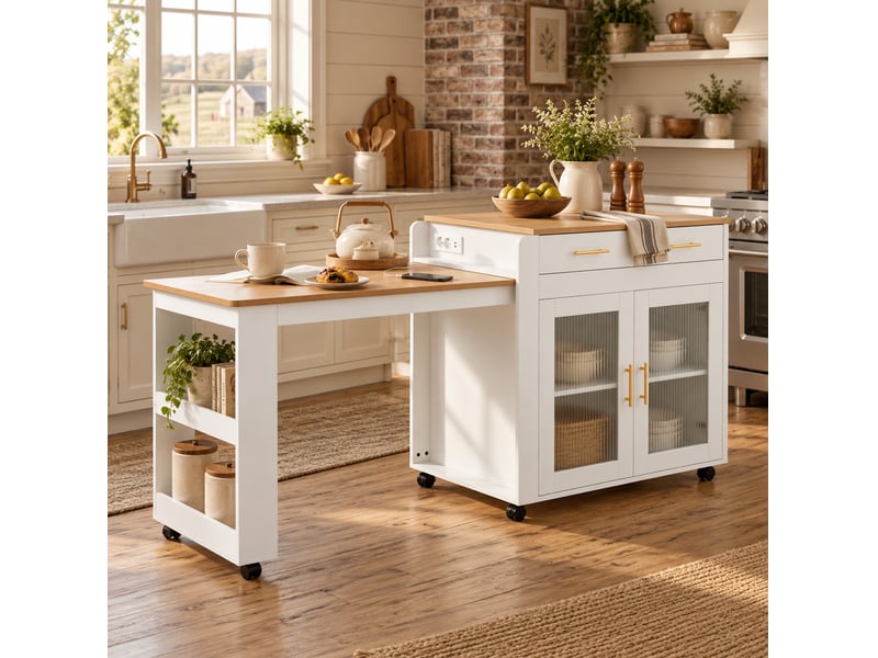  Îlot de cuisine 177x60x89,5 cm extensible panneau de particules blanc  - Conforama E