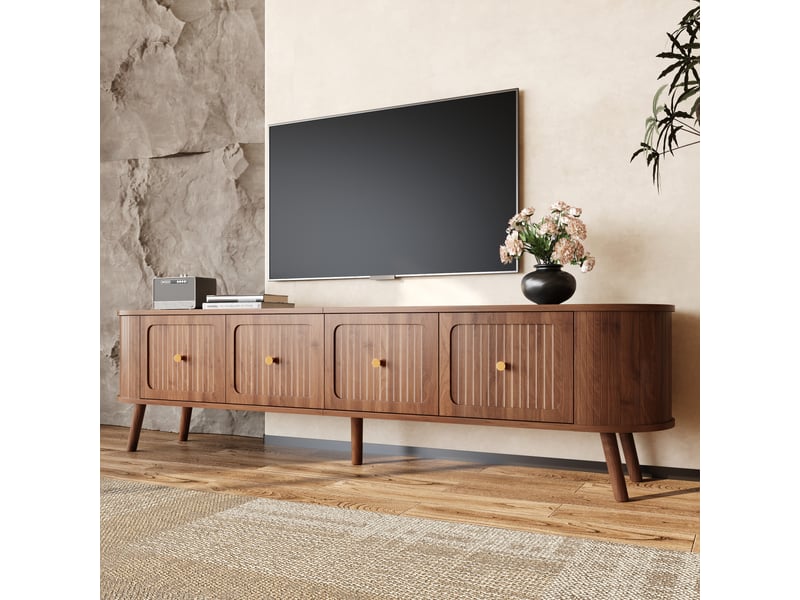  Meuble tv bas 180x38x47cm bords arrondis rangement | style rétro vintage effet noyer et détails dorés | 4 portes charge 60kg - noyer  - Conforama C