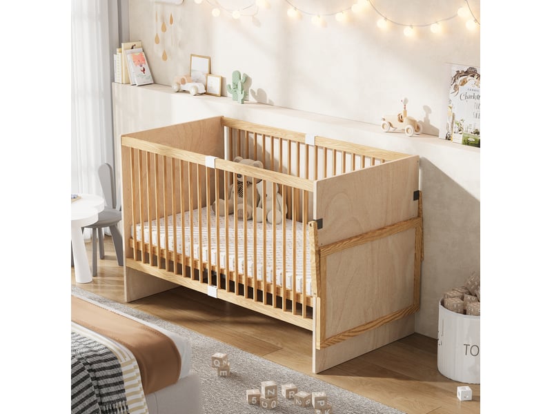  Lit bébé 70x140 cm avec table à langer pliable en bois de pin, naturel  - Conforama B
