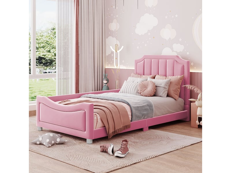  Lit enfant lit rembourré 90x200cm, canapé-lit cadre de lit en flanelle lit souple avec dossier accoudoir lit simple, rose  - Conforama A