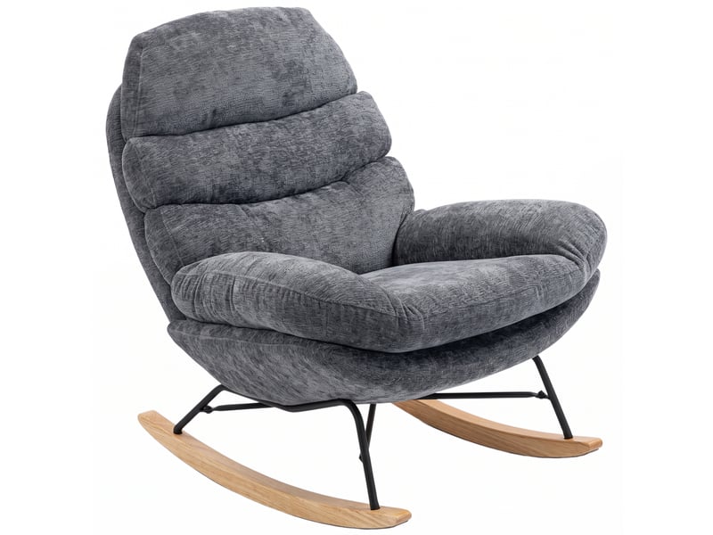 Fauteuil à bascule en chenille, assise en tailleur, coussins double épaisseur, dossier moelleux, piètement en hévéa, gris foncé - Conforama B