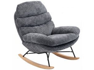 Fauteuil à bascule en chenille, assise en tailleur, coussins double épaisseur, dossier moelleux, piètement en hévéa, gris foncé