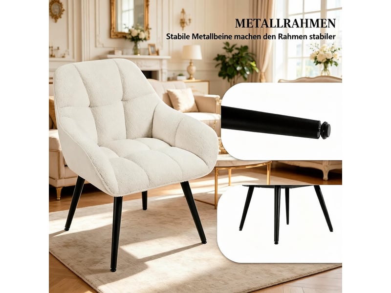  Fauteuil ergonomique avec accoudoirs et patins réglables en tissu bouclette crème, 52 × 78,5 × 53,5 cm  - Conforama E