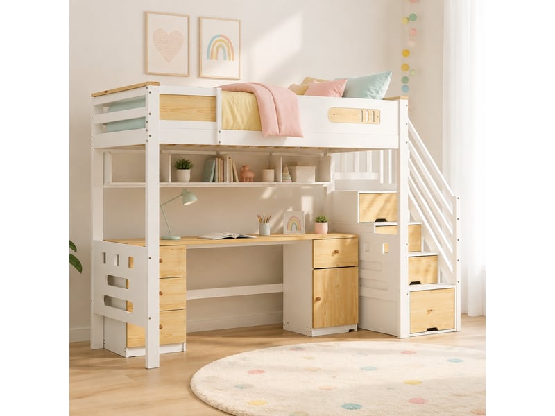  Lit mezzanine 90×200 cm avec bureau, tiroirs, étagères et escalier de rangement en bois blanc naturel sans matelas  - Conforama B