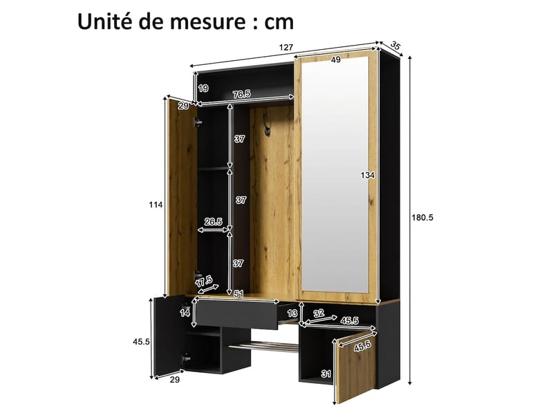 Vestiaire d'entrée avec miroir et penderie mdf noir et naturel 127x180.5cm  - Conforama E
