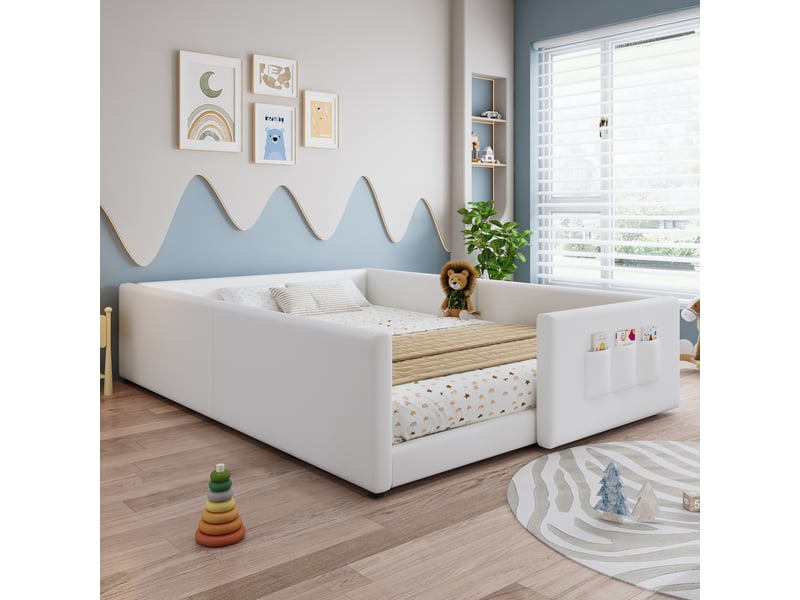 Lit enfant 140x200 cm avec 3 poches de rangement, lit 2 place, design moderne et simple, sommier, pu, blanc sans matelas  - Conforama E