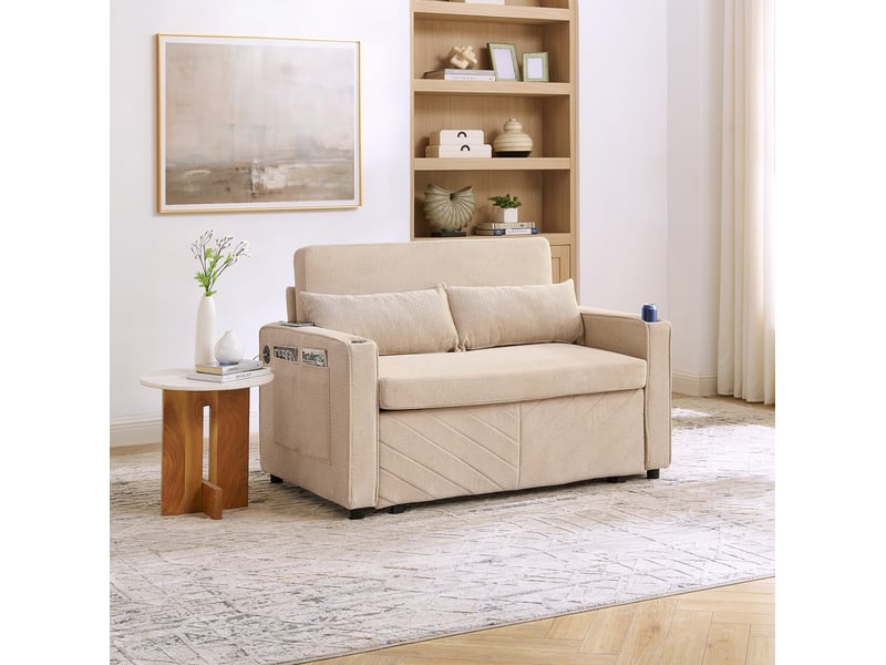  Canapé droit convertible 2 places en tissu beige avec ports usb, coulissant 3 en 1 pour petits espaces  - Conforama E