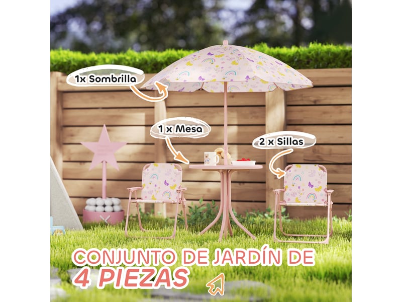  Ensemble de jardin pliable pour enfants avec 2 chaises, une table et un parasol réglable pour les enfants de 2 à 5 ans, rose  - Conforama E
