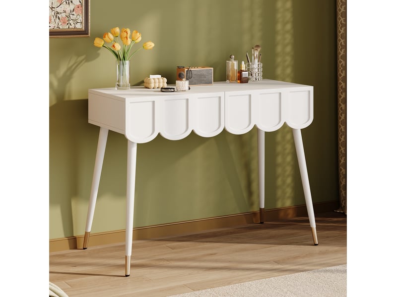 Coiffeuse élégante 100x40x76 cm avec 2 tiroirs, meuble de chambre, style moderne, gain de place, pieds métal, mdf blanc  - Conforama R