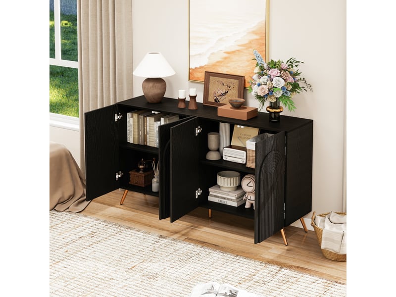  Buffet noir style mid-century avec portes arquées, étagères réglables et pieds en métal doré, 150 cm  - Conforama B