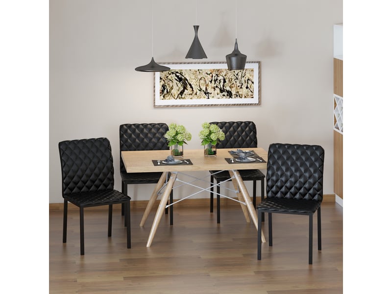 Chaises de salle à manger noires 4 pcs, siège rembourré et pieds acier, design moderne  - Conforama E