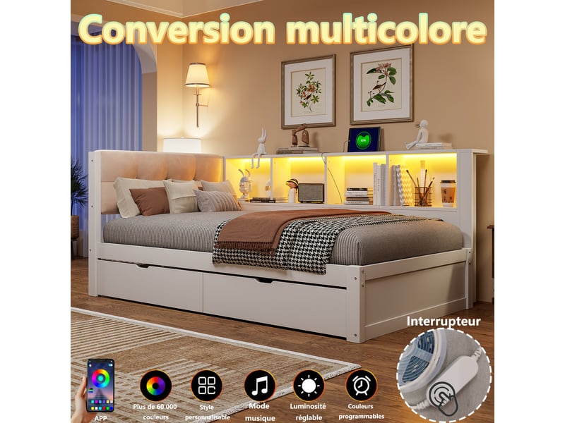  Lit banquette 90x200 cm avec 2 tiroirs, étagère 3 niveaux, led dimmable et usb,mdf+pin,blanc Morn Vibe - Conforama D