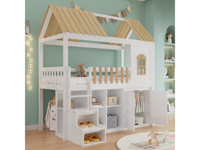 Lit mezzanine enfant simple 90×200 cm avec armoire, étagères et escalier - okmyhome- sans matelas, blanc naturel - Conforama B