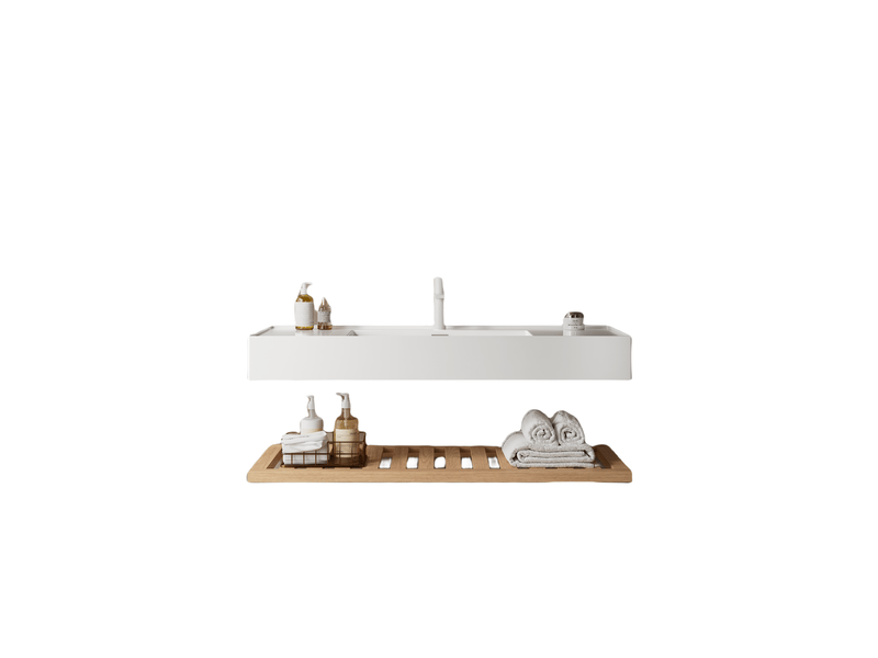  Meuble sous vasque suspendu avec lavabo intégré et étagère ouverte, en résine et bois, salle de bain, 132×58×36 cm  - Conforama D