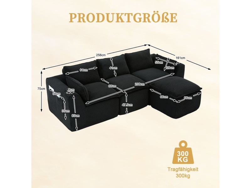 Canapé modulable 3 places avec pouf, porte-gobelets et poches latérales, coussins inclus, tissu velours côtelé, mousse et ressorts, noir  - Conforama C