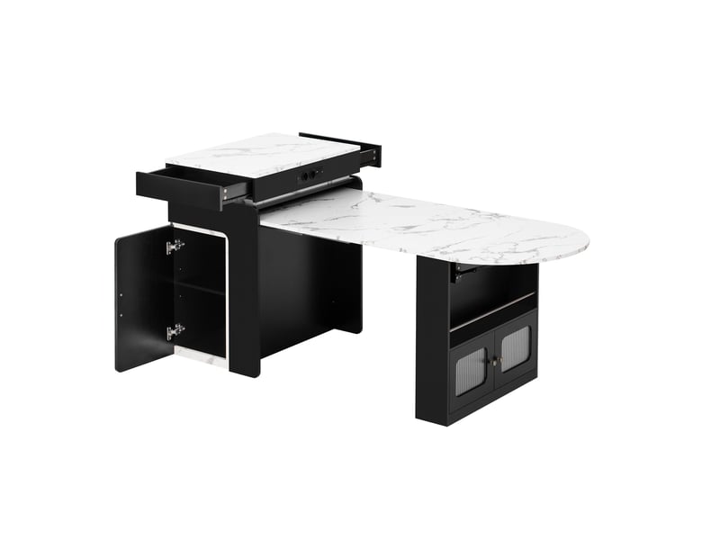  Îlot de cuisine extensible à roulettes noir avec 2 tiroirs 2 portes, led, effet marbre  - Conforama A