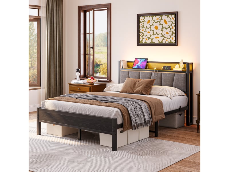  Lit double 140×190 cm en métal et mdf avec led, 2 ports usb, prise et rangement, matelas non précisé, noir  - Conforama C