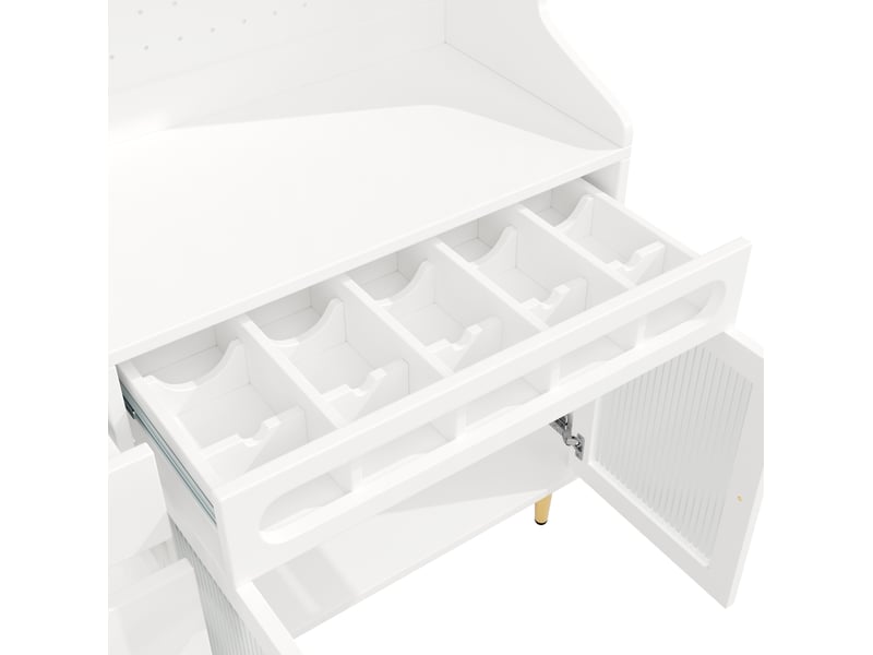  Buffet haut 145x39x171 cm blanc en mdf et verre, led, 3 étagères réglables pour cuisine et salon  - Conforama E