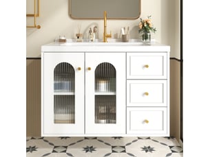 Meuble sous vasque avec 2 tiroirs et portes vitrées, vasque en céramique, pour salle de bain en mdf blanc