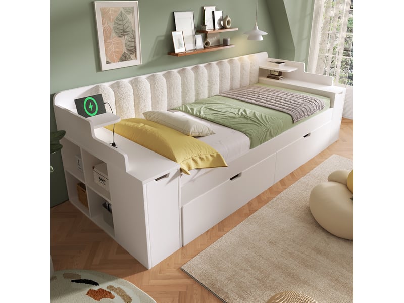 Lit banquette 90x200 cm, lit de jour avec sommier, lit gigogne, 3 usbusb-c, chariot, sherpa (sans matelas), blanc CozyNest - Conforama D