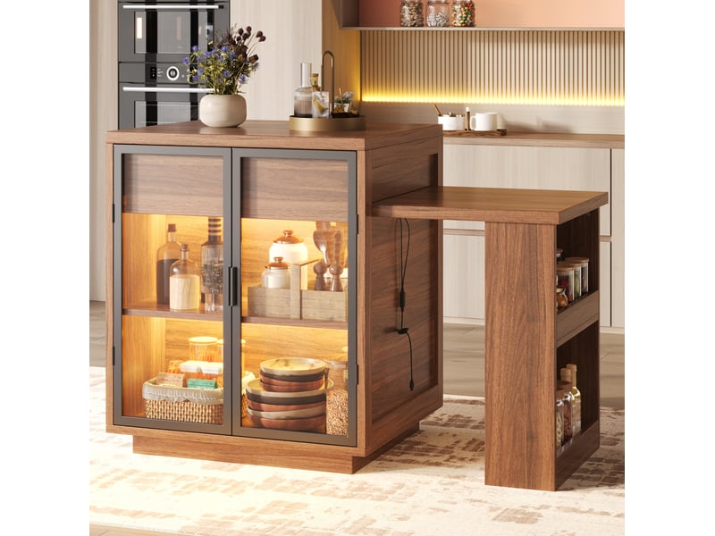  Îlot de cuisine extensible 122-194,5x70x94 cm avec rangement et led marron  - Conforama D