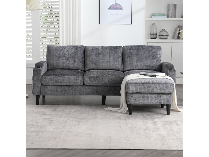  Canapé 4 places modenvie avec pouf de rangement en chenille gris 196,5 x 75 x 77 cm  - Conforama D