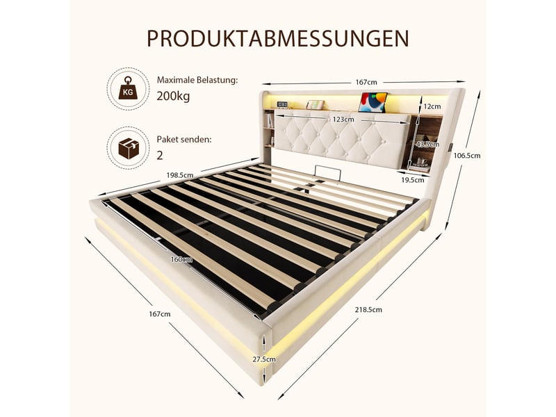  Lit coffre rembourré 160 x 200 cm, rangement hydraulique, tête de lit avec étagères, led, 2 usbtype-c, sommier à lattes, velours, beige Seren Glow - Conforama C