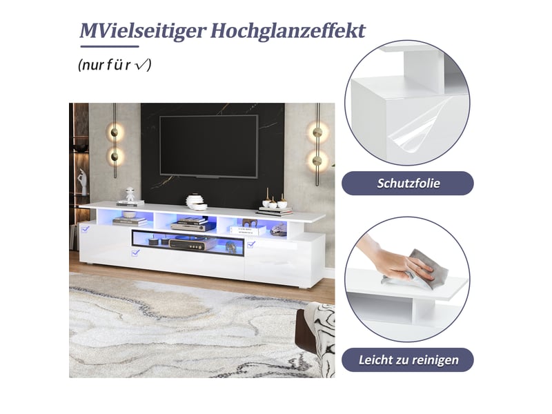  Meuble tv avec 2 portes, 1 tiroir et led pour salon 180×38×45 cm en panneaux de particules blanc  - Conforama C