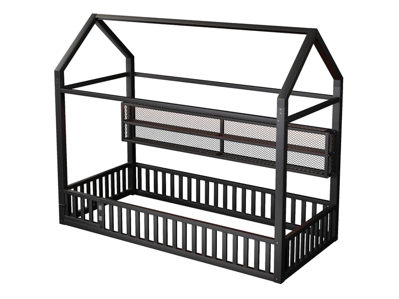  Lit plateforme 90x200 cm – lit enfant moderne avec design cabane led et garde-corps – métal – noir CozyNest - Conforama A