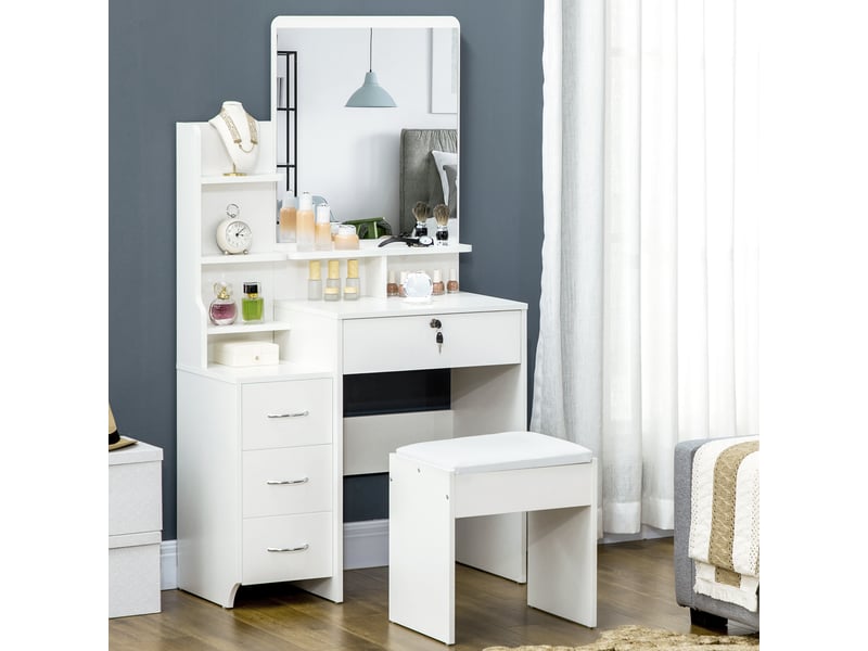  Ensemble de coiffeuse avec tabouret rembourré grand miroir + plusieurs étagères ouvertes + 4 tiroirs blanc  - Conforama A