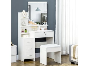 Ensemble de coiffeuse avec tabouret rembourré grand miroir + plusieurs étagères ouvertes + 4 tiroirs blanc