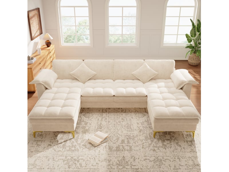 Canapé panoramique en u 4 places modulaire avec 2 méridiennes et 2 coussins, en chenille beige 262 × 134 × 86 cm - Conforama C