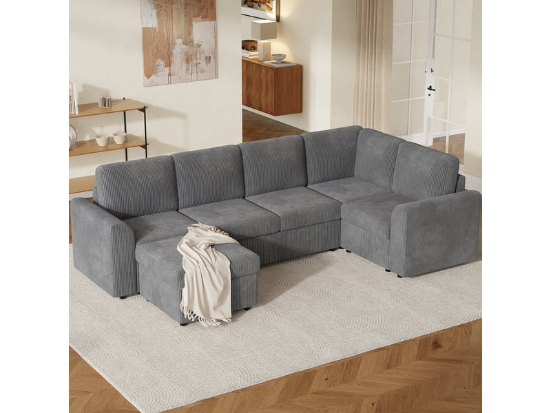  Canapé d'angle en forme de l 282x153x85 cm avec accoudoirs et un tabouret multifonctionnel et rangementmobile velours côtelé gris BUYDEEMEUS - Conforama D