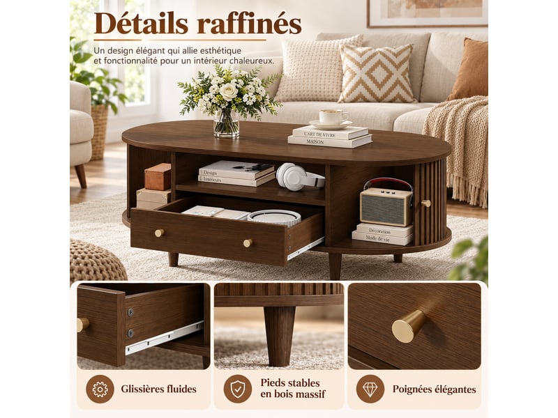  Table basse ovale décor noyer avec tiroir, niche ouverte et portes coulissantes à lattes, 100x50x36 cm  - Conforama D
