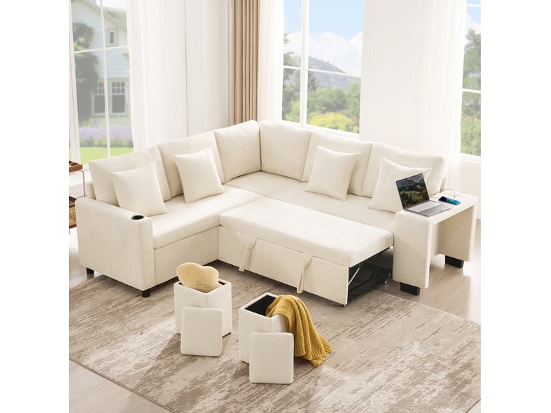  Canapé d'angle convertible 5 places en tissu beige avec rangement, usb et usb-c, idéal pour le salon  - Conforama E