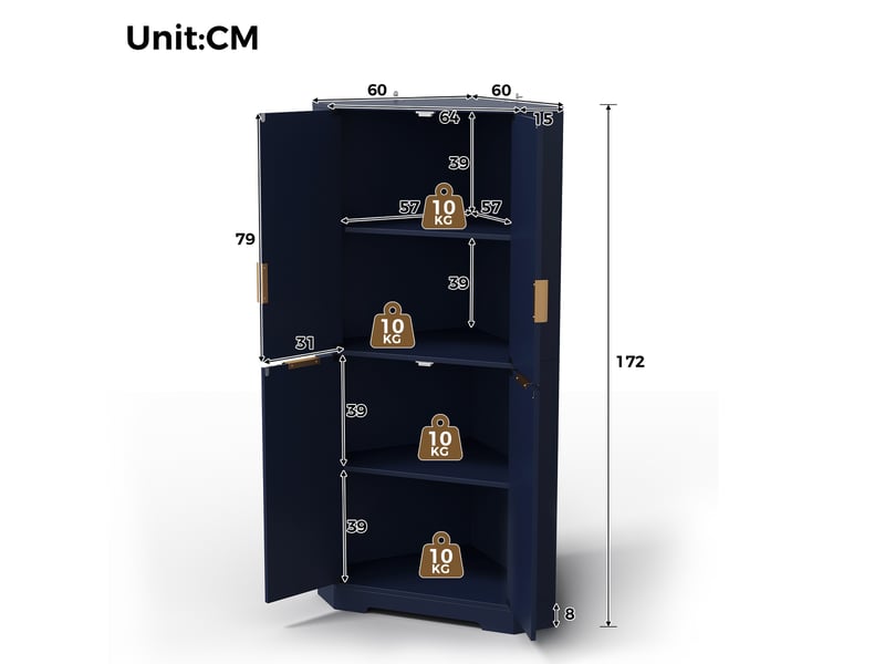  Buffet d'angle bleu en mdf avec 4 portes et étagères réglables, 60 × 60 × 172 cm, pour optimiser l'espace  - Conforama C