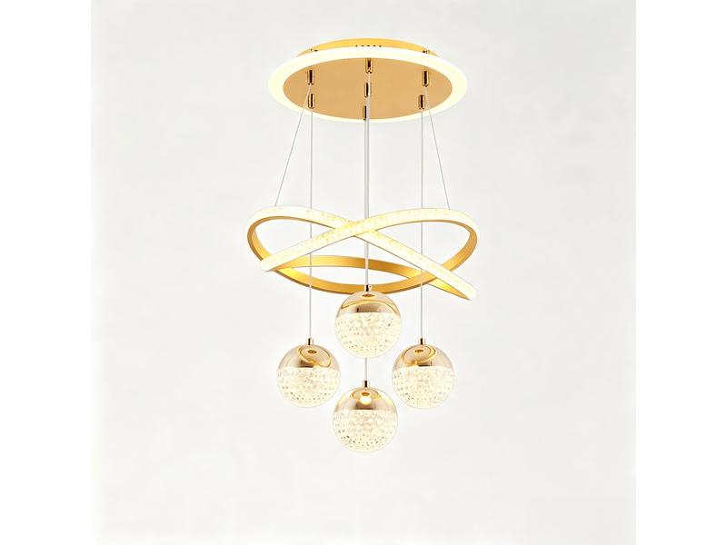  Suspension led dorée en cristal et acrylique pour table à manger – intensité variable, 4 lumières (54 w), hauteur réglable  - Conforama A