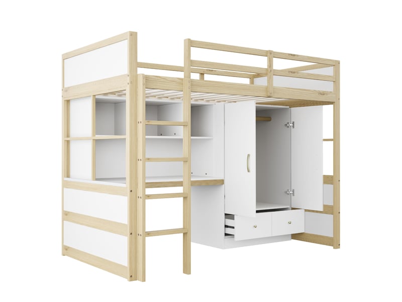  Lit mezzanine enfant 90x200 cm – blanc et bois clair – bureau, armoire, tiroirs et rangement - sans matelas  - Conforama D