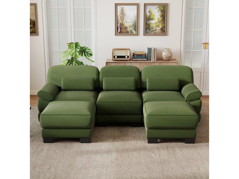 Canapé d’angle 3 places en u, design à cadre, 2 poufs, tissu cord doux, assise profonde, coussins épais, salon, vert - Conforama D