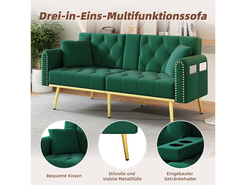  Canapé convertible, canapé-lit, en tissu, vert, porte-gobelets, pour salon, adapté à l'espace de vie, chambre  - Conforama E