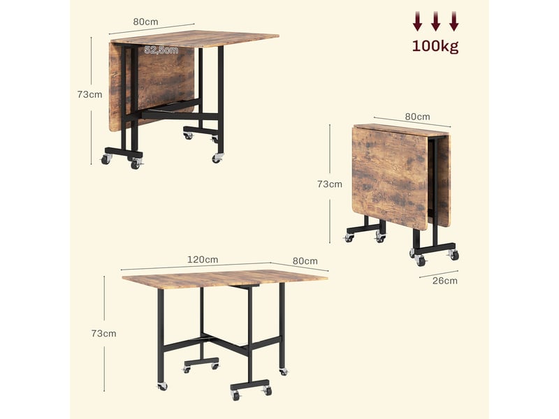  Table pliante cuisine table à manger pliable avec 2 abattants 6 roues pour 4-6 personnes 120 x 80 x 73 cm, brun rustique  - Conforama E