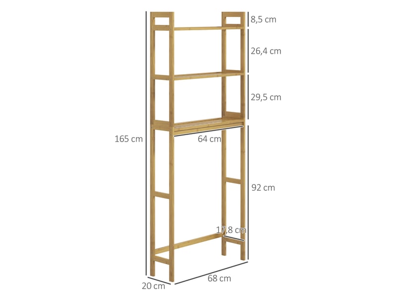  Étagère wc 3 niveaux en bambou avec dispositif anti-basculement, meuble gain de place pour salle de bain, naturel  - Conforama C