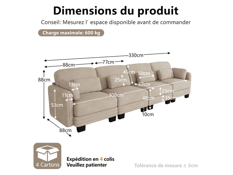  Canapé droit modulable 4 places 330x88x88 cm en chenille café clair  - Conforama C